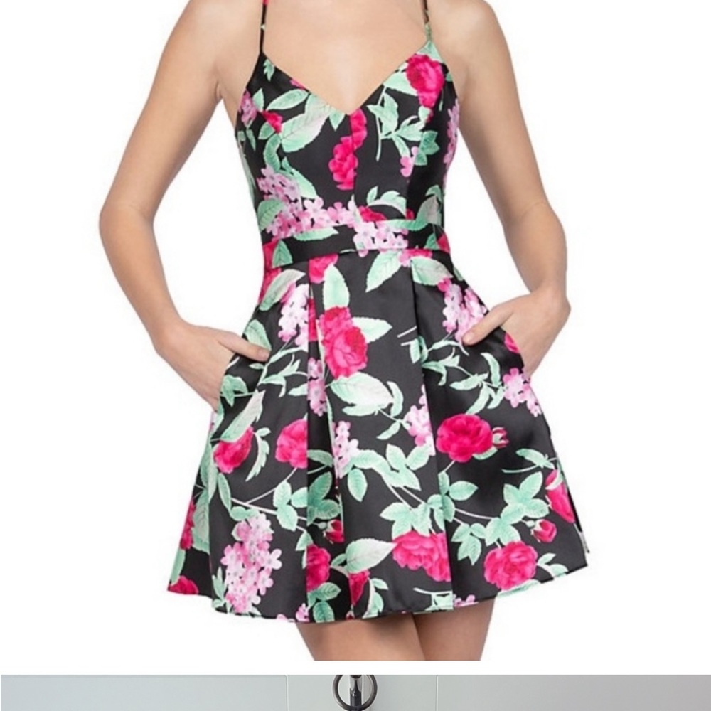 B. Smart Black and Pink Floral Mini Dress